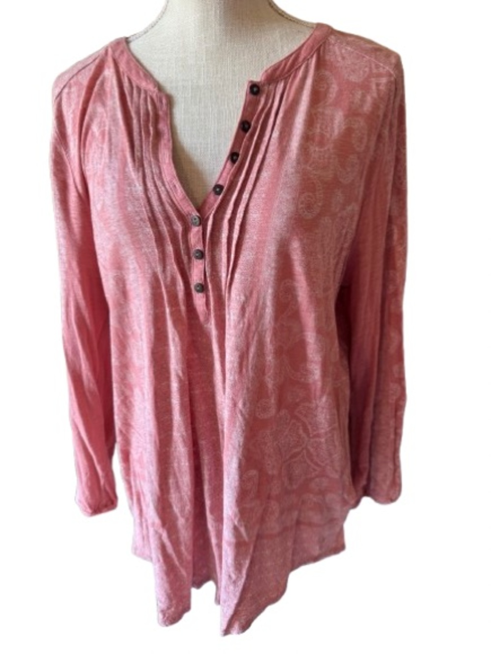 Lucky Brand Pink Paisley Henley Long-Sleeve Top Large